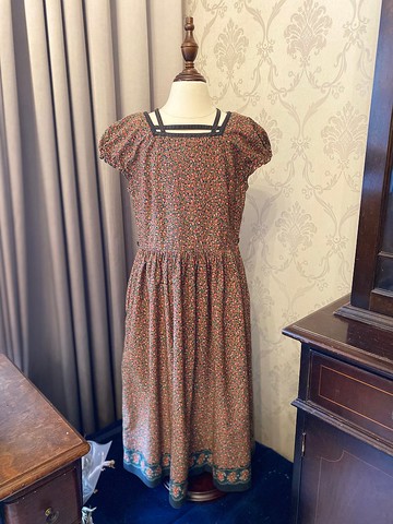 方領線條碎花半袖女童古著洋裝日本製