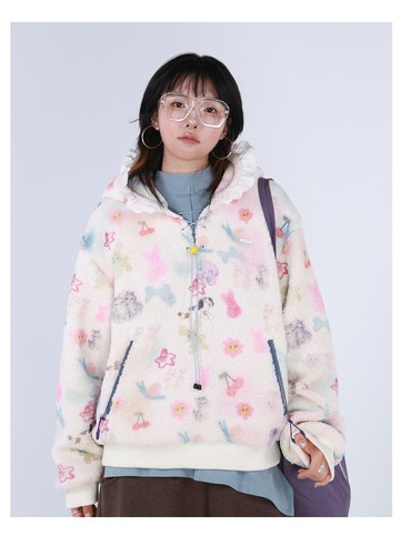 彩色涂鴉羊羔毛衛衣女