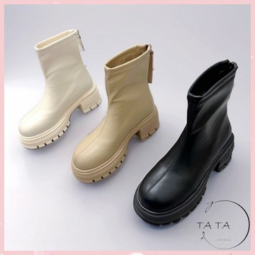 TATA【現貨➕預購】韓版素面簡約款 中筒靴 後拉鍊流蘇 厚底增高 小個女孩必備 馬丁靴 切爾西靴 短靴