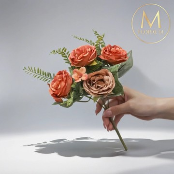 FLORAL M 英倫復古玫瑰花束焦糖橙仿真花花材（1入組）仿真花 人造花 假花 裝飾花 花藝材料 居家擺設 仿真花束 乾燥花替代 不凋謝花 高擬真花 插花材料 攝影道具 商業佈置 室內裝飾 花藝設計