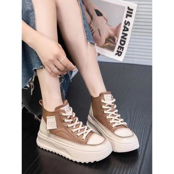 高幫鞋女2025春秋新款真皮復古百搭輕便休閑小個子厚底松糕鞋短靴