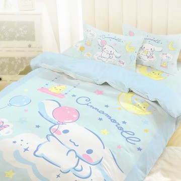 享夢城堡雙人床包枕套三件組5x6.2-三麗鷗大耳狗cinnamoroll 雲之國度-藍綠