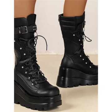 亞馬遜跨境坡跟騎士靴女2025新款歐美大碼朋克風帥氣厚底中筒女靴