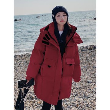 高級感炸街爆款酒紅色羽絨服女中長款冬季新款90白鴨絨面包服外套