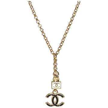 CHANEL 經典黑琺瑯雙C  LOGO 白方形琺瑯雙墬飾項鍊/頸鍊(金色）