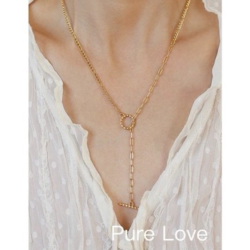 Pure Love樂芙 / 正韓 鈦鋼【L316醫療鋼】G0061簡約OT扣鏈條不對稱長項鏈 / 金