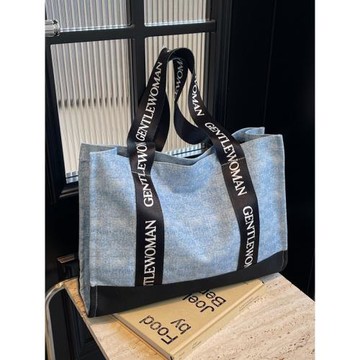 字母手提牛仔布大容量單肩包女2024秋冬新款撞色通勤百搭托特包女