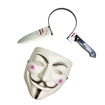 摩達客★萬聖派對變裝★恐怖穿頭刀髮箍＋V怪客面具兩入組合_廠商直送