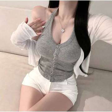🇰🇷Korea韓國連線·正韓 性感繞頸排釦背心 繞頸背心 無袖背心 上衣 繞頸上衣 削肩背心 短版背心 露背 韓國
