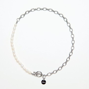 MIXTURE. MP048 天然米型淡水珍珠串接橢圓純鋼鏈身項鍊