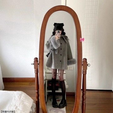 赫本風秋冬季灰色毛呢外套女中長款蝴蝶結呢子斗篷大衣小個子