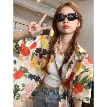 泰式海邊度假風碎花短袖襯衫女春夏慵懶風中長款polo領襯衣薄外套