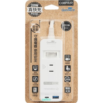 Qonnect 2孔1切3座USB高溫斷電延長線1.8m-白 C08P