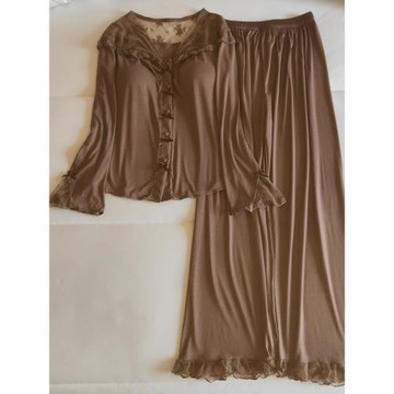 莫代爾睡衣女春秋季長袖薄款蕾絲花邊v領開衫帶胸墊家居服兩件套