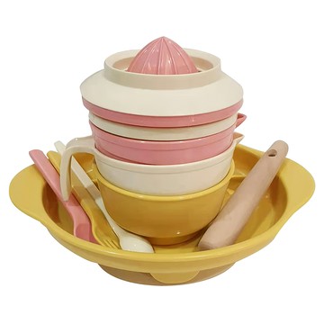 Richell 利其爾 豪華食物調理餐具組 顏色隨機 嬰兒餐具組 寶寶學習餐具  三格盤 + 三格盤用吸盤 + 深口碗 + 深口碗用吸盤 + 榨汁器 + 擂缽 + 擦絲器 + 濾篩器 + 小木杵 + 勺子 + 叉子 + 育兒湯匙  1組