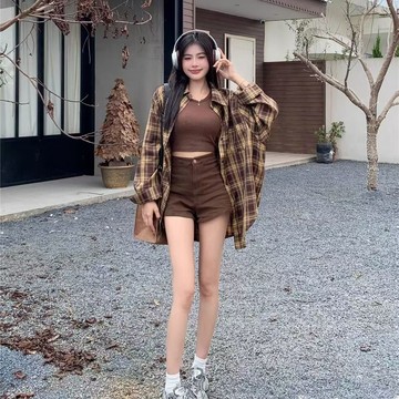 台灣出貨 美式復古襯衫夏季格子休閒外套小衆顯瘦長袖設計感女裝襯衣女 長袖襯衫 寬鬆顯瘦上衣 襯衫外套 防曬長袖