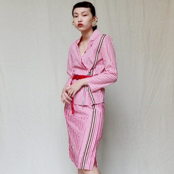 南瓜Vintage。古著 義大利製 Bottega Veneta 高級 條紋 及膝裙