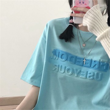 vintage藍色短袖t恤女夏季寬松ins潮oversize設計感小眾半袖上衣