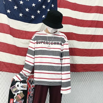 FINDSENSE Z1 日系 時尚 潮 男 時尚 條紋 字母刺繡 長袖T恤 上衣 衛衣