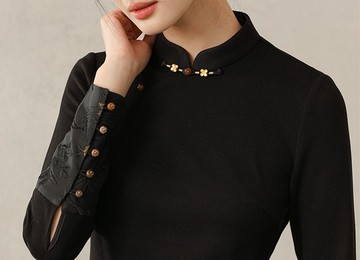 新中式中國風 斜襟下擺開衩金絲刺繡上衣