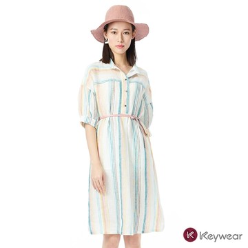 KeyWear奇威名品 撞色條紋棉麻短袖洋裝-白色