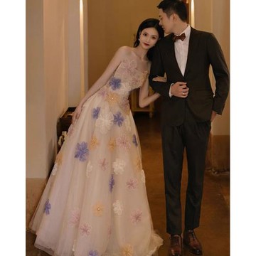 輕婚紗晨袍女新娘敬酒訂婚禮服高端輕奢立體花朵宴會連衣裙女夏季