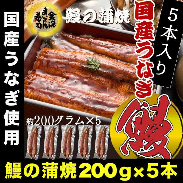 うなぎ 鰻 ウナギ 国産 うなぎ蒲焼  大サイズ蒲焼1尾 解凍前約200g(解凍後約185g) ×5