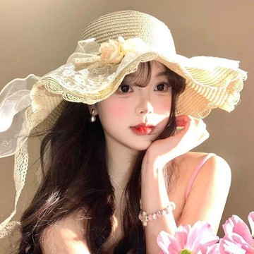 🔥臺灣發貨🔥【賣場滿150出貨】蕾絲花朵蝴蝶結草帽女夏季大帽檐度假防曬遮陽帽海邊沙灘拍照帽子WSX1A