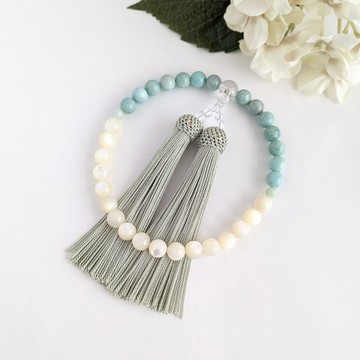 【女性用/主珠 8mm】白蝶貝與 Amazonite (天河石) 雙色數珠・非正式念珠/正絹鶸色穗子