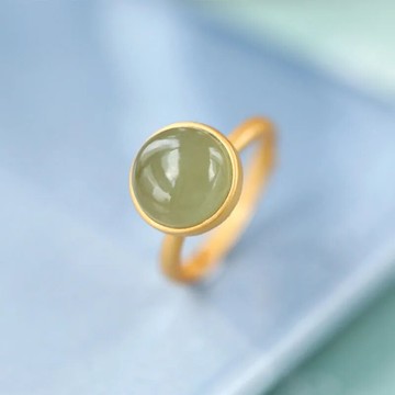 鍍S925銀鑲嵌仿和田青玉圓形蛋面鏤空雕花簡約開口可調節時尚戒指