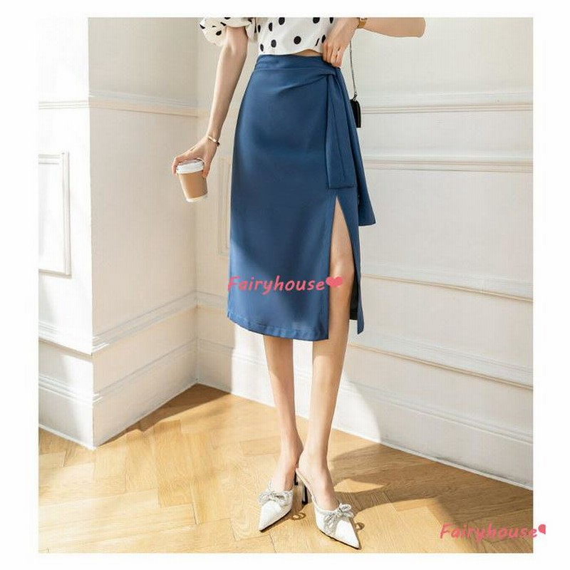 スカート ロング 春夏 タイトスカート 黒リボン スリットスカート  