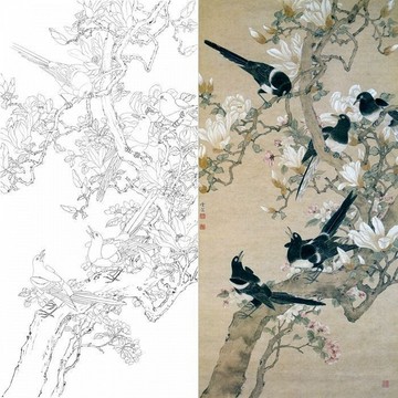 陳之佛豎幅工筆花鳥白描底稿春朝鳴喜宣紙可上色2-701