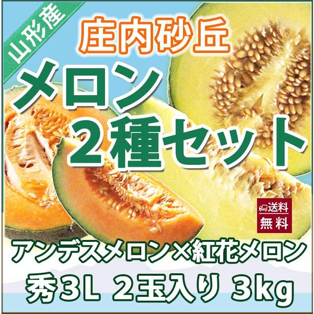 メロン 食べくらべセット アンデスメロン 紅花メロン秀３Ｌ 各１個 ２個入 庄内砂丘メロン 送料無料 お中元 山形メロン 庄内メロン 農産物 送料無料