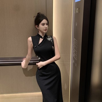 【桃喜Rich女裝】中長款旗袍 改良旗袍 新中式洋裝 復古國風旗袍 無袖連衣裙開叉 宴會洋裝 復古氣質旗袍 顯瘦洋裝