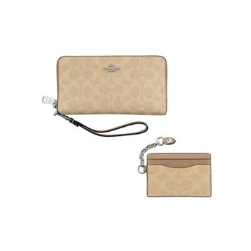 COACH 沙色C LOGO PVC附活動卡夾皮革手掛帶拉鍊長夾