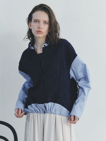 異素材拼接蕾絲抽繩下襬排釦襯衫(07001429600) - YECCA VECCA