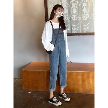 秋裝新款網紅牛仔背帶褲女韓版寬松小個子春秋季2022新款時尚鹽系