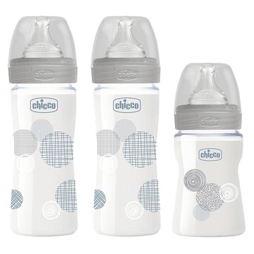 Chicco 防脹氣奶瓶 (2大1小) 不含雙酚A 寬口徑 奶嘴仿真設計  1組  透明 + 藍色