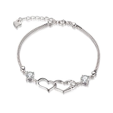 925純銀手鍊鋯石手鏈-心心相連雙愛心雙層女飾品2色73zv16【獨家進口】【米蘭精品】