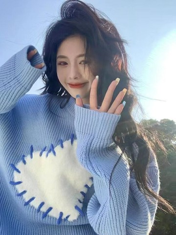 楊冪同款藍色愛心套頭拼接針織毛衣女秋冬潮牌休閑寬松長袖上衣