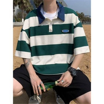 日系條紋polo衫男撞色翻領半袖t恤夏季高級感潮牌上衣服男裝體恤