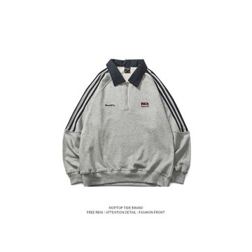 日系復古套頭衛衣男春秋新款撞色翻領三條杠寬松衛衣半身拉鏈衛衣