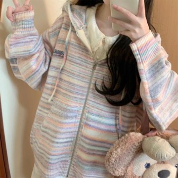 實拍◆美少女 加長 彩虹漸變條紋拉鏈系帶口袋連帽寬松針織衫開衫