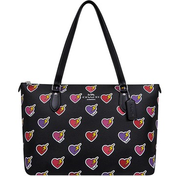COACH 黑色愛心圖樣PVC托特包-大型