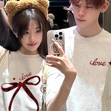 S~XL love格紋蝴蝶結 純棉 短T 情侶T【Y1305】MIT 情侶裝 短袖T恤 男女可穿 快速出貨 班服 團體服