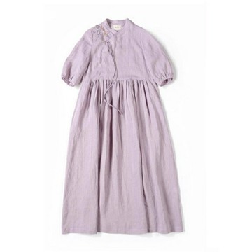 現貨+預購 連身裙五分袖洋裝-中式亞麻繡花斜襟女裙子74kc5【獨家進口】【米蘭精品】