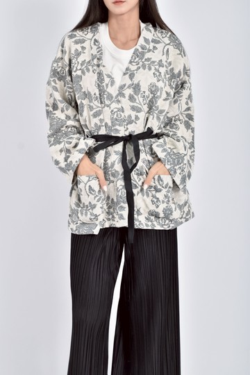 (XL) musee de ozo韓牌西裝質感花紋白色綁帶外套