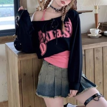 【台灣有貨】實拍 女團街舞辣妹風千禧字母印花綁帶寬鬆衛衣修身吊帶上衣女兩件套裝