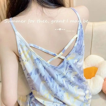 睡衣 新款 夏季 溫柔 印花 吊帶 睡裙 柔軟 清新 素雅 穿搭 甜美 家居服 可外穿 吊帶 柔軟 睡衣 連衣裙