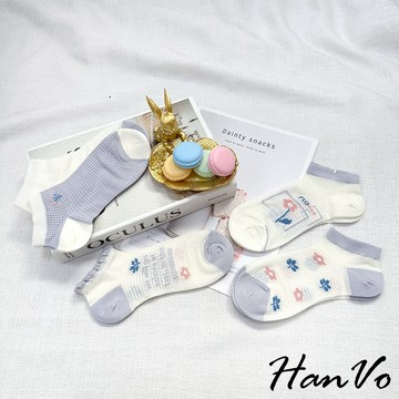 【HanVo】藍白甜美百搭透氣花朵短襪 舒適涼感網洞短襪 流行休閒襪 女生配件 A12-6242